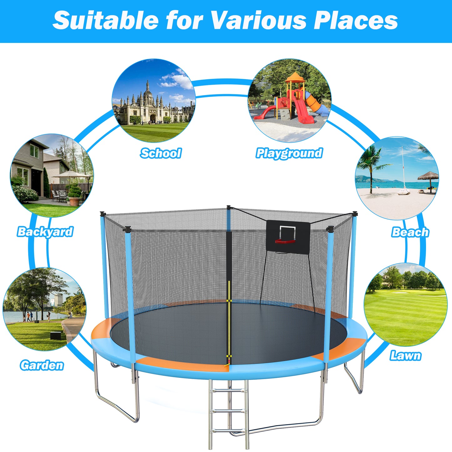 14FT Trampoline for Adults Kids, SEGMART Upgraded Round Recreational Trampoline with Basketball Hoop, Outdoor Heavy Duty Backyard Trampoline with Enclosure Net for Indoor Outdoor Backyard, Blue