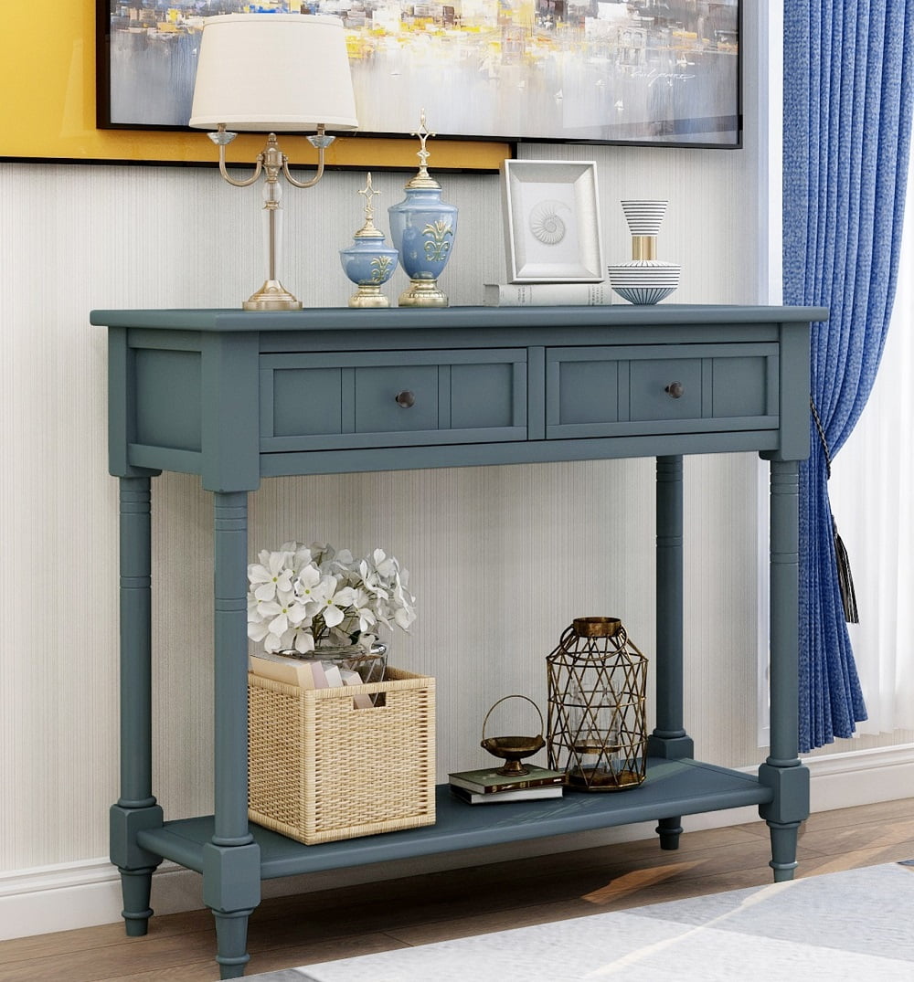 2-Tier Vintage Console Table with 2 Drawers, SEGMART Wood Console Table Sofa Table, Entryway Narrow Long Table with Storage Shelves for Living Room, Couch, Hallway, Foyer, Kitchen Counter, Navy