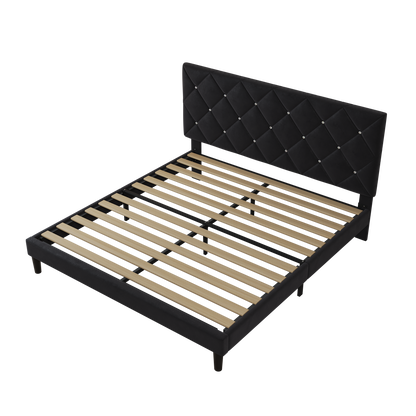 Segmart Queen Bed Frame with Adjustable Upholstered Button Headboard and Wooden Slats, Velvet Button Tufted Platform Bed Frame, Box Spring Needed, Easy Assembly, 500lbs, Black, SS721