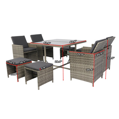 9 Piece Indoor Outdoor Wicker Dining Set Furniture, Patio Rattan Furniture Set with Glass Tabletop, Armrest Chairs and Stools, All-Weather Sectional Conversation Set with Cushions