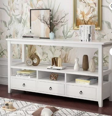57.9" 3-Tier Vintage Console Table with 3 Drawers, Buffet Sideboard Hallway Foyer Table with Storage Shelves, Narrow Long Sofa Entryway Table for Living Room, Kitchen Counter, White