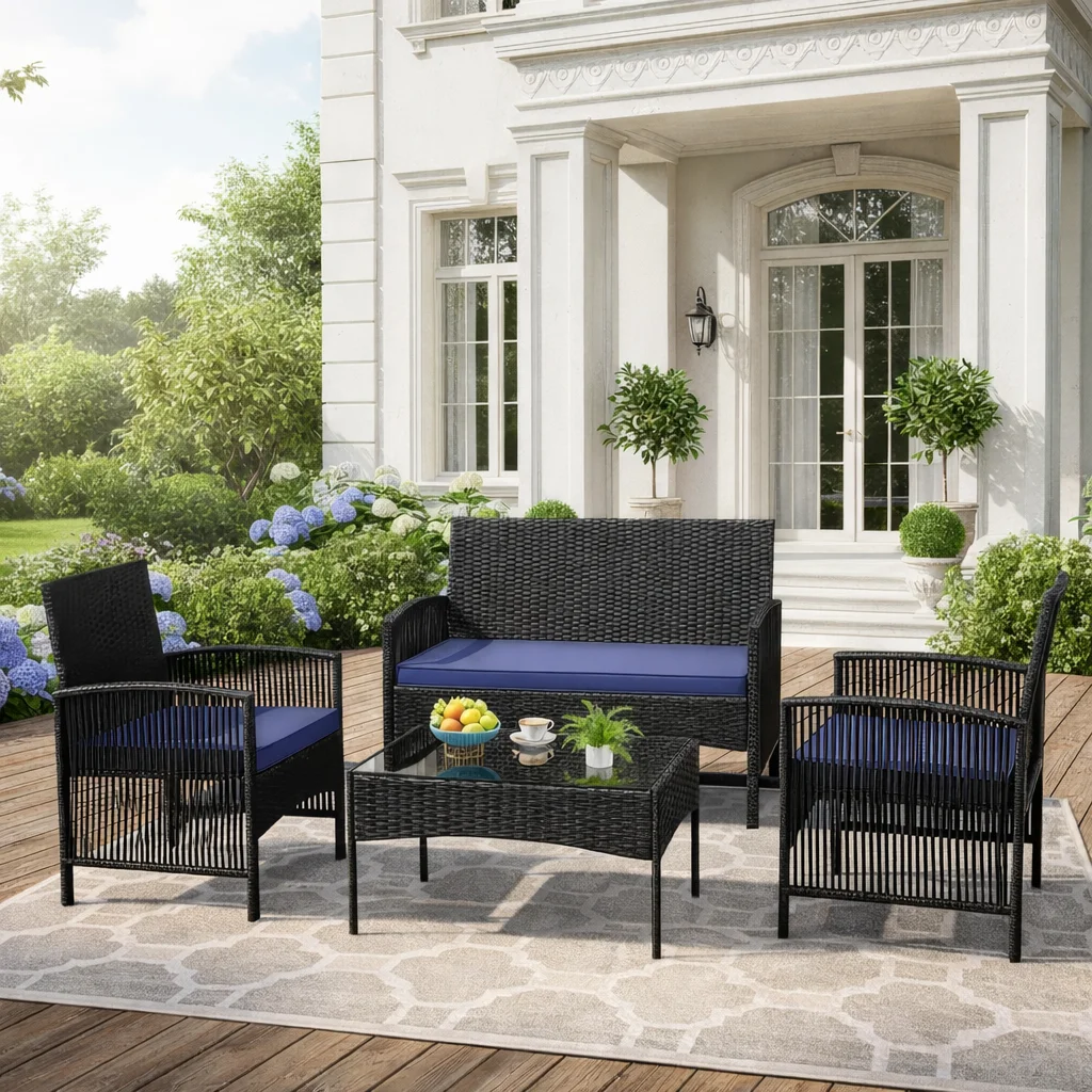 Patio Furniture Set on Sale, 4 Pieces Outdoor Rattan Conversation Sofa Set, All-Weather Wicker Patio Sets, Cushioned Sofa and Coffee Table for Garden Deck Courtyard, Nevy