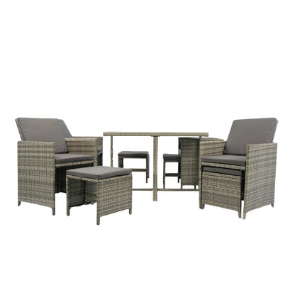 9 Piece Indoor Outdoor Wicker Dining Set Furniture, Patio Rattan Furniture Set with Glass Tabletop, Armrest Chairs and Stools, All-Weather Sectional Conversation Set with Cushions