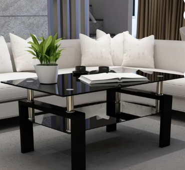 Glass Coffee Table with Lower Shelf, Clear Rectangle Glass Coffee Table, Modern Coffee Table with Metal Legs, Rectangle Center Table Sofa Table Home Furniture for Living Room, L5509