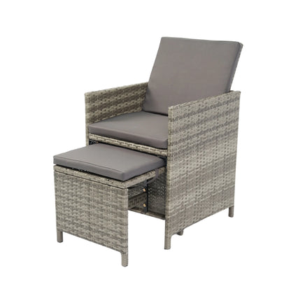9 Piece Indoor Outdoor Wicker Dining Set Furniture, Patio Rattan Furniture Set with Glass Tabletop, Armrest Chairs and Stools, All-Weather Sectional Conversation Set with Cushions