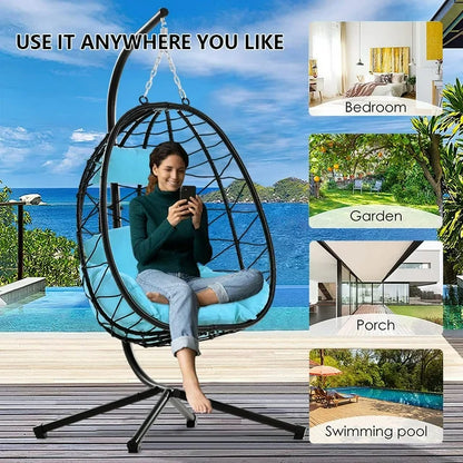 Outdoor Swinging Egg Chair, Patio Wicker Hanging Chairs with Stand, UV Resistant Hammock Chair with Comfortable Light Blue Cushion, Durable Indoor Swing Egg Chair for Garden, Backyard, L3937