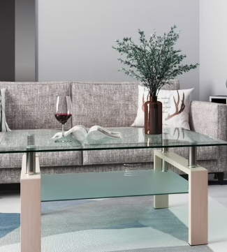 Glass Coffee Table for Living Room, SEGMART Modern Coffee Table with Lower Shelf, Rectangle Center Table with Metal Legs, Glass Table, Sofa Table, Tea Table, Living Room Table