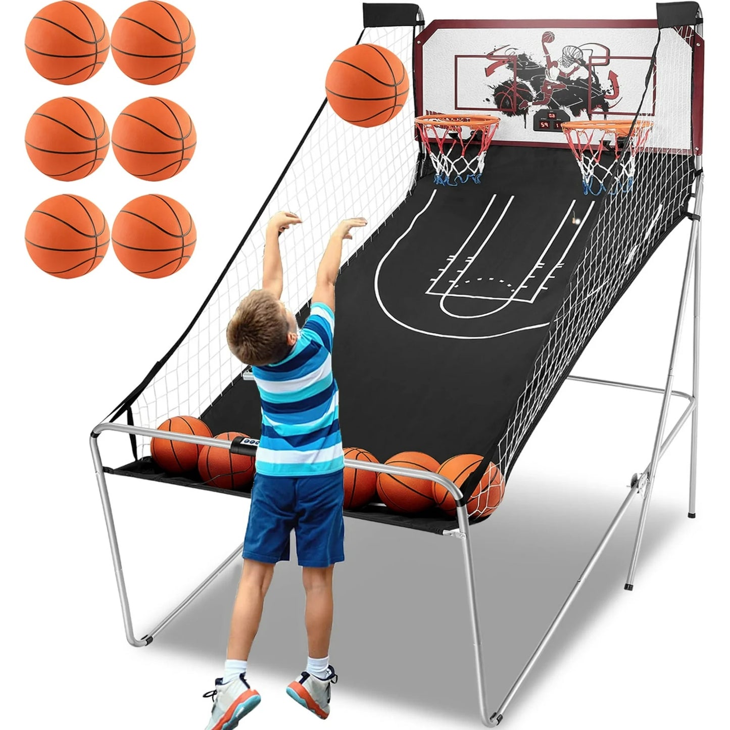 Foldable Basketball Arcade Game for 2 Players, SEGMART Dual Shot Electronic Basketball Hoop Arcade Machine with LED Scoreboard, 6 Balls, 8 Game Modes, Indoor Basketball Game for Kids Adults, Blue