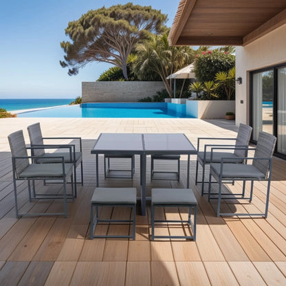 9 Piece Indoor Outdoor Wicker Dining Set Furniture, Patio Rattan Furniture Set with Glass Tabletop, Armrest Chairs and Stools, All-Weather Sectional Conversation Set with Cushions