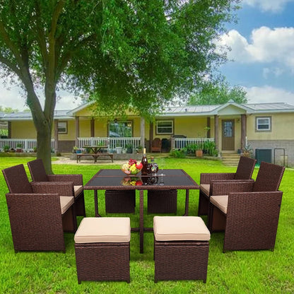 9 Piece Indoor Outdoor Wicker Dining Set Furniture, Patio Rattan Furniture Set with Glass Tabletop, Armrest Chairs and Stools, All-Weather Sectional Conversation Set with Cushions