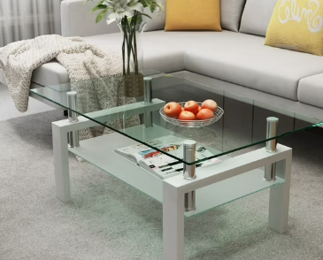 Glass Coffee Table for Living Room, SEGMART Modern Coffee Table with Lower Shelf, Rectangle Center Table with Metal Legs, Glass Table, Sofa Table, Tea Table, Living Room Table
