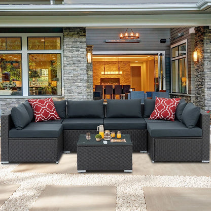 7 Piece Rattan Sectional Sofa Set, Outdoor Conversation Set, All-Weather Wicker Sectional Seating Group with Cushions & Coffee Table, Morden Furniture Couch Set for Patio Deck Garden Pool