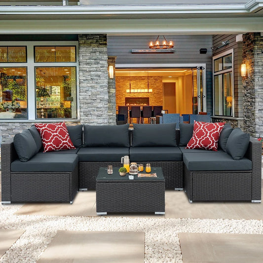 7 Piece Rattan Sectional Sofa Set, Outdoor Conversation Set, All-Weather Wicker Sectional Seating Group with Cushions & Coffee Table, Morden Furniture Couch Set for Patio Deck Garden Pool