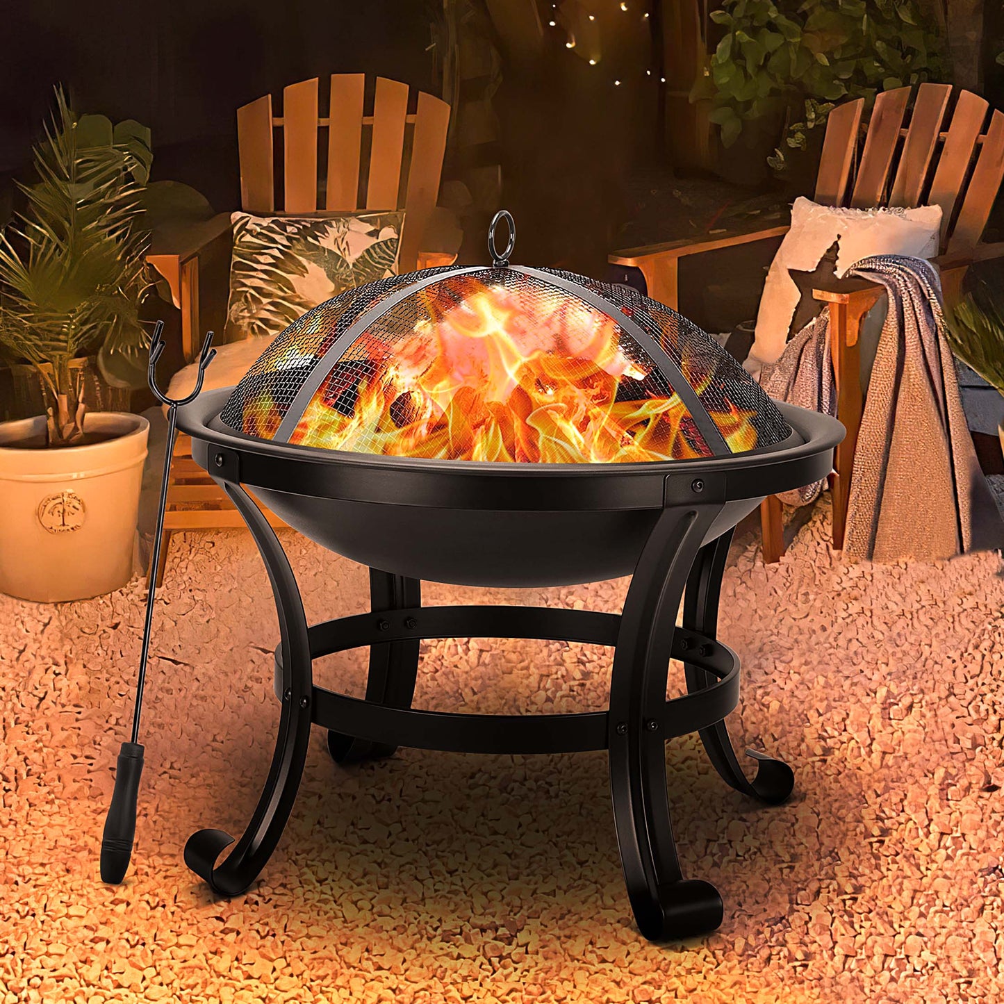 Segmart 22" Round Fire Pit, Curved Feet Iron Outdoor Wood Burning Fire Pit Patio Decoration for Backyard Poolside, Black