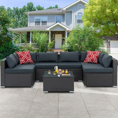 7 Piece Rattan Sectional Sofa Set, Outdoor Conversation Set, All-Weather Wicker Sectional Seating Group with Cushions & Coffee Table, Morden Furniture Couch Set for Patio Deck Garden Pool