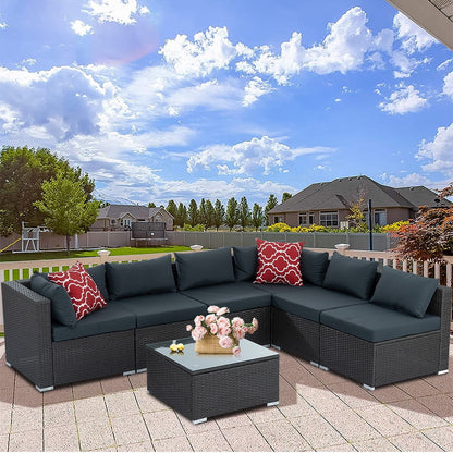 7 Piece Rattan Sectional Sofa Set, Outdoor Conversation Set, All-Weather Wicker Sectional Seating Group with Cushions & Coffee Table, Morden Furniture Couch Set for Patio Deck Garden Pool