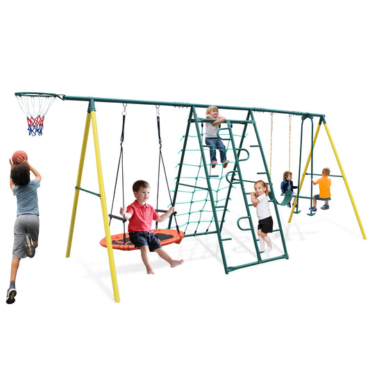 Swing Sets for Backyard, 6 in 1 Swing Set for Outside, Segmart Heavy Duty A-Frame Metal Swing Set with Climbing Ladder and Nets, Saucer Swing, Belt Swing, Basketball Hoop, Wavy Slide