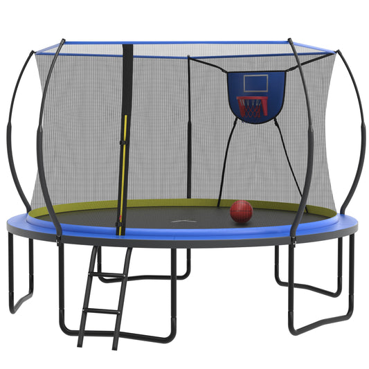 12FT Trampoline with Enclosure for Kids Adults, Outdoor Pumpkin Round Recreational Trampoline with No-gap Design, Heavy Duty Backyard Trampoline with Curved Fiberglass Poles for Indoor Outdoor, Blue