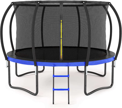 12FT Trampoline for Kids Adults, SEGMART Outdoor Round Recreational Trampoline with with Safety Enclosure Net, Heavy Duty Pumpkin Backyard Trampoline with Curved Poles and Ladder, Blue