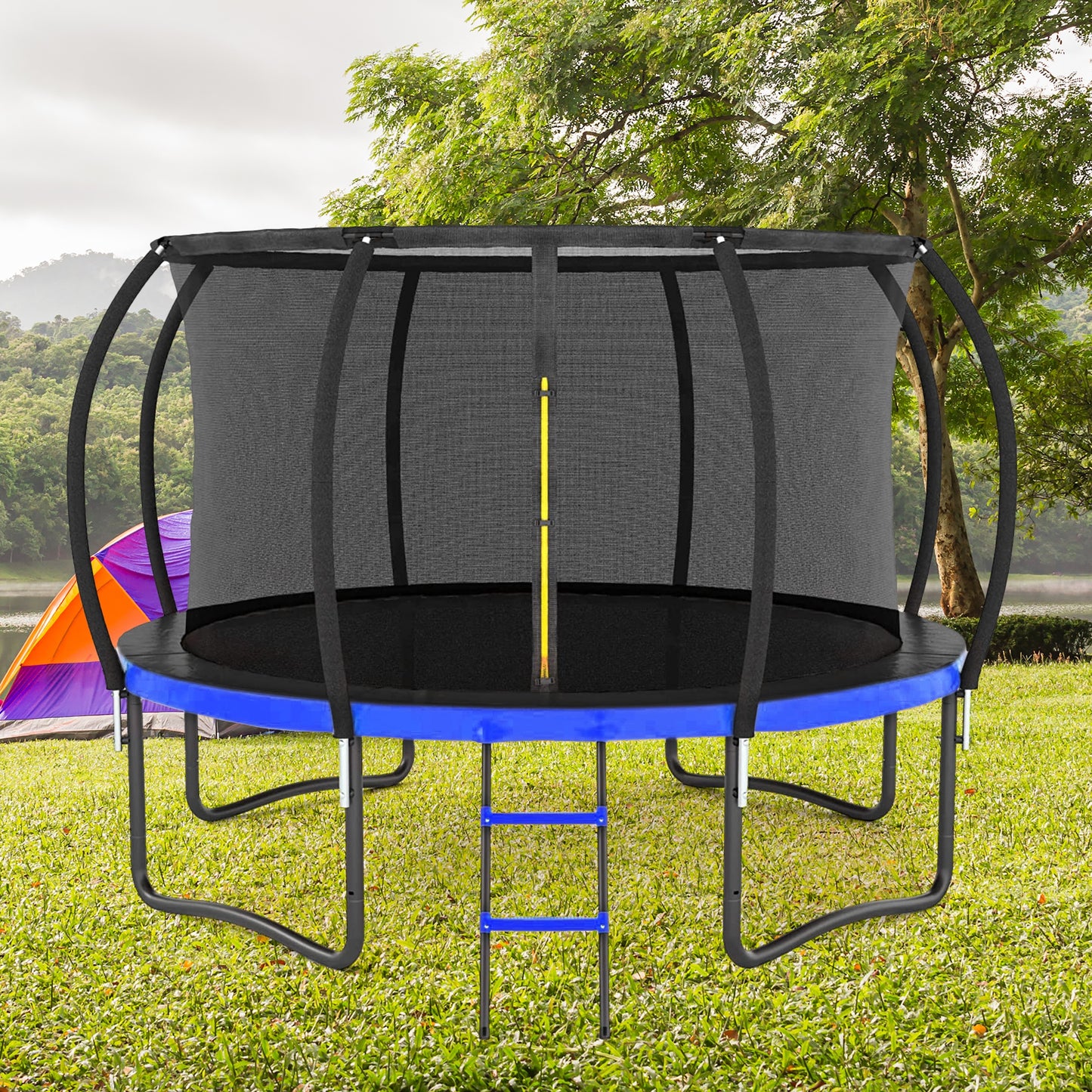 12FT Trampoline with Safety Enclosure Net, SEGMART Upgraded Outdoor Round Recreational Trampoline with Curved Poles and Ladder, Heavy Duty Pumpkin Backyard Trampoline for Kids and Adults, Orange