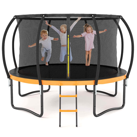 12FT Trampoline with Safety Enclosure Net, SEGMART Upgraded Outdoor Round Recreational Trampoline with Curved Poles and Ladder, Heavy Duty Pumpkin Backyard Trampoline for Kids and Adults, Orange