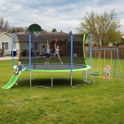 12FT Trampoline with Slide, Swings, SEGMART Recreational Trampoline with Basketball Hoop and Ladder, Heavy Duty Outdoor Backyard Trampoline with Net for Kids and Adults, Green