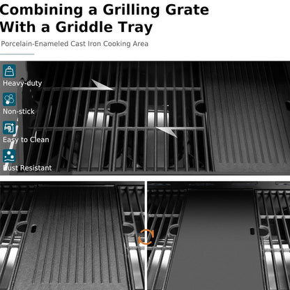4-Burner Propane Gas Grill with Side Burner, Gas BBQ Grill with Thermometer, Bottle Opener, and Tool Hooks, 46,790 BTU Output, Combining a Grilling Grate With a Griddle Tray
