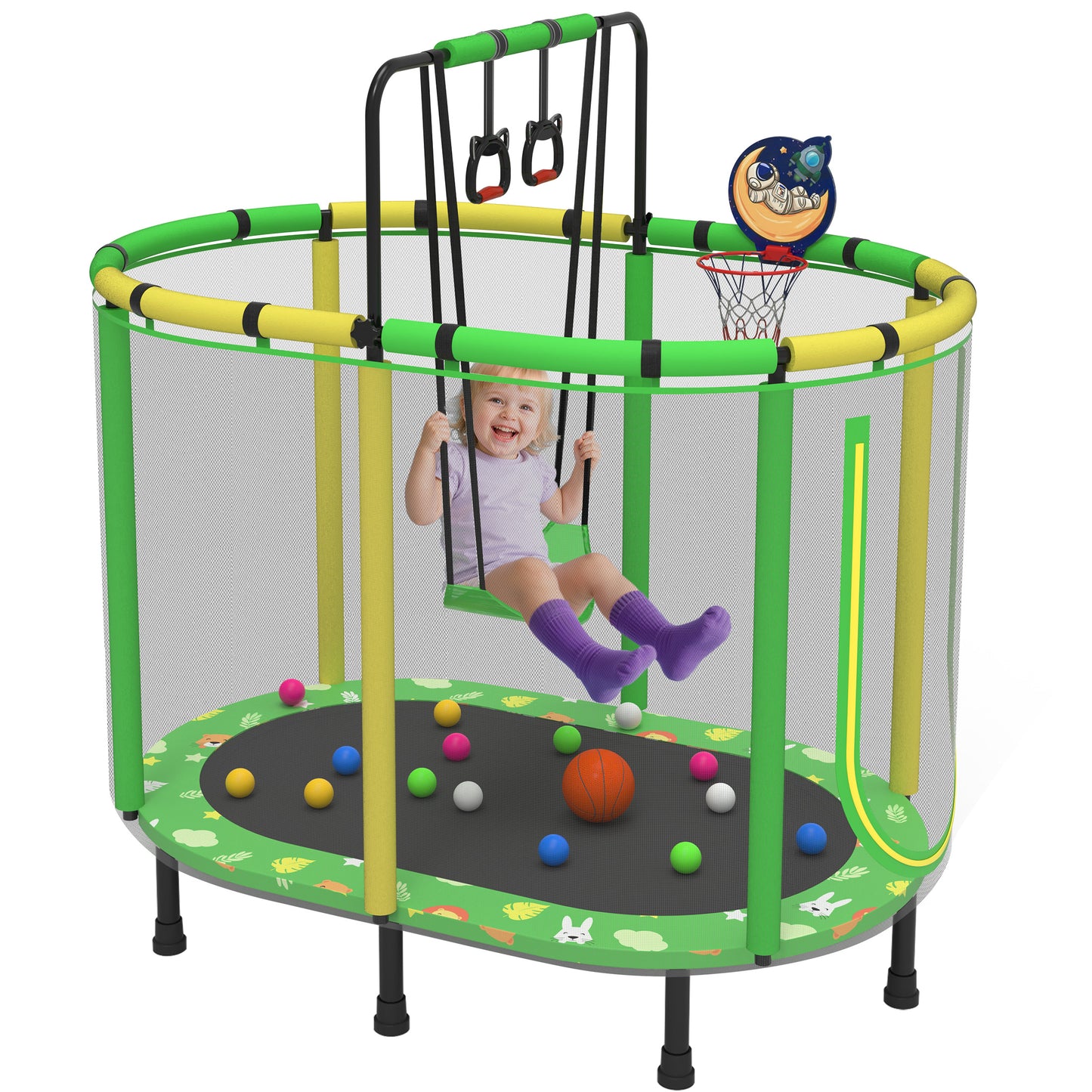 60" Kids Trampoline with Swing, Horizontal Bar, SEGMART 4-in-1 Oval Toddler Trampoline with Enclosure Safety Net, Outdoor Indoor Backyard Recreational Trampoline for Kids, Toddlers, Baby