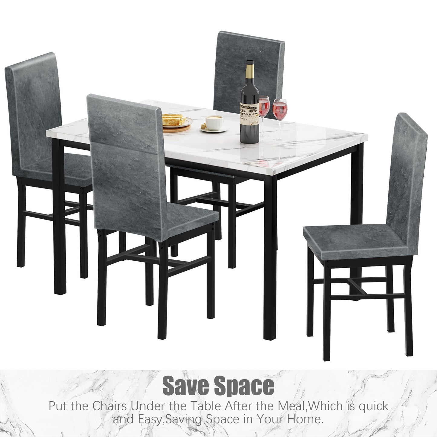 Kitchen Table and 4 Chairs Set, Metal Kitchen Table Sets Faux Marble Rectangular Breakfast Table w/Metal Legs & Black Finish Frame, Dining Table Sets for an Apartment Breakfast, Grey, SS1318