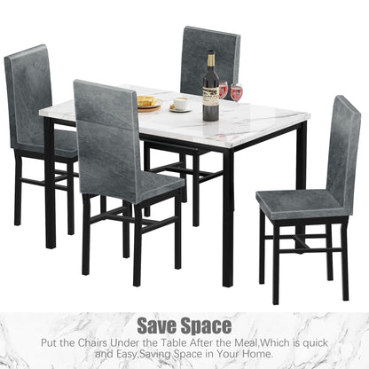 Kitchen Table and 4 Chairs Set, Metal Kitchen Table Sets Faux Marble Rectangular Breakfast Table w/Metal Legs & Black Finish Frame, Dining Table Sets for an Apartment Breakfast, Grey, SS1318
