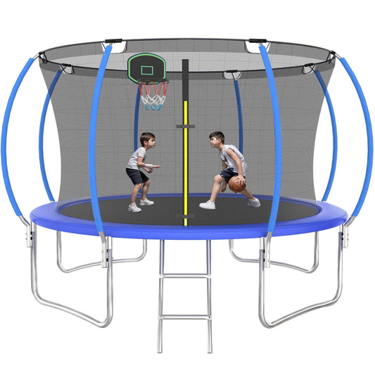 12ft Trampoline with Enclosure Net on Clearance for Kids Adults, SEGMART Round Trampoline with Basketball Hoop, Heavy Duty Outdoor Recreational Trampoline with Ladder, Blue