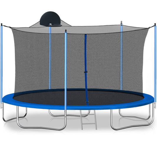 12ft Trampoline for Kids with Basketball Hoop, Outdoor Trampoline with Safety Enclosure and Ladder, SEGMART Heavy Duty Back Yard Trampoline for Kids and Adults, Blue