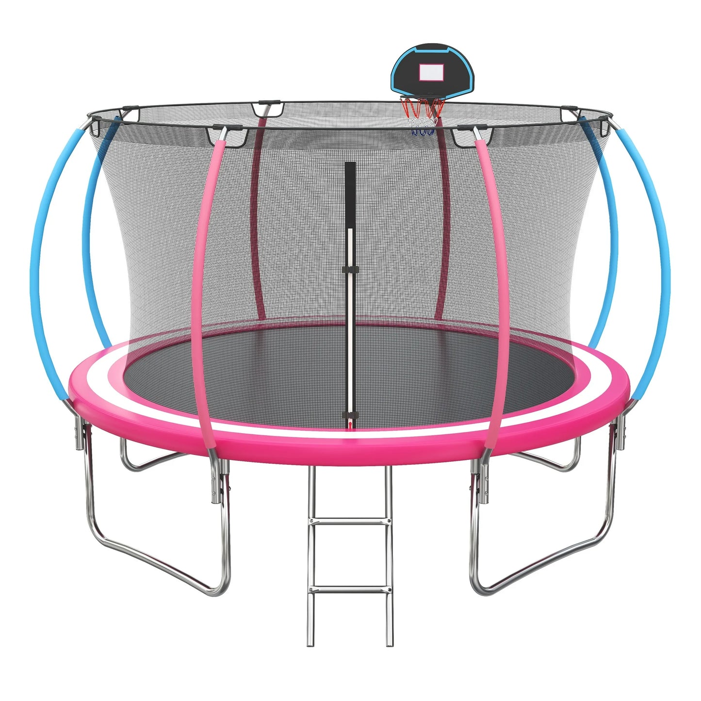 12ft Trampoline with Safety Enclosure, SEGMART Upgrade Outdoor Trampoline with Basketball Hoop, Heavy Duty Back Yard Trampoline with Ladder for Kids and Adults, Pink