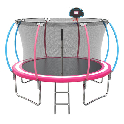 12ft Trampoline with Safety Enclosure, SEGMART Upgrade Outdoor Trampoline with Basketball Hoop, Heavy Duty Back Yard Trampoline with Ladder for Kids and Adults, Pink