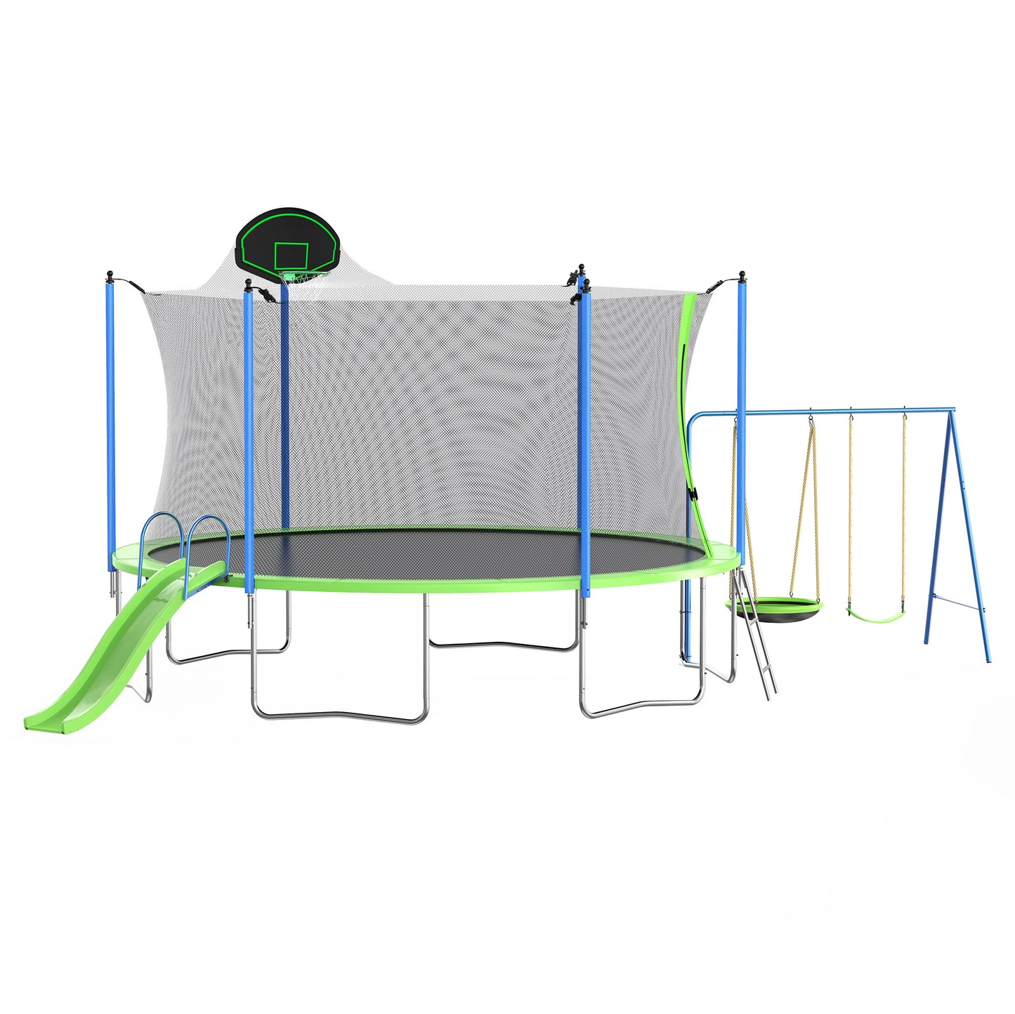 12FT Trampoline with Slide, Swings, SEGMART Recreational Trampoline with Basketball Hoop and Ladder, Heavy Duty Outdoor Backyard Trampoline with Net for Kids and Adults, Green