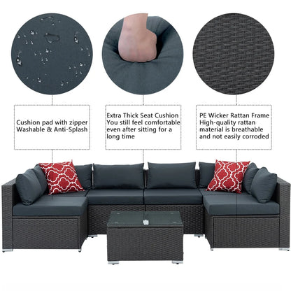 7 Piece Rattan Sectional Sofa Set, Outdoor Conversation Set, All-Weather Wicker Sectional Seating Group with Cushions & Coffee Table, Morden Furniture Couch Set for Patio Deck Garden Pool