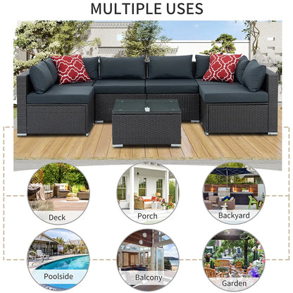 7 Piece Rattan Sectional Sofa Set, Outdoor Conversation Set, All-Weather Wicker Sectional Seating Group with Cushions & Coffee Table, Morden Furniture Couch Set for Patio Deck Garden Pool