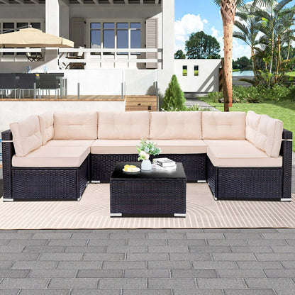 7 Piece Rattan Sectional Sofa Set, Outdoor Conversation Set, All-Weather Wicker Sectional Seating Group with Cushions & Coffee Table, Morden Furniture Couch Set for Patio Deck Garden Pool