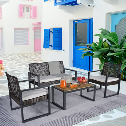 Outdoo Furniture Set, 4 Pieces Wicker Porch Conversation Set w/Cushions, All-weather Hollow Rattan Patio Sectional Sofa Set with Table