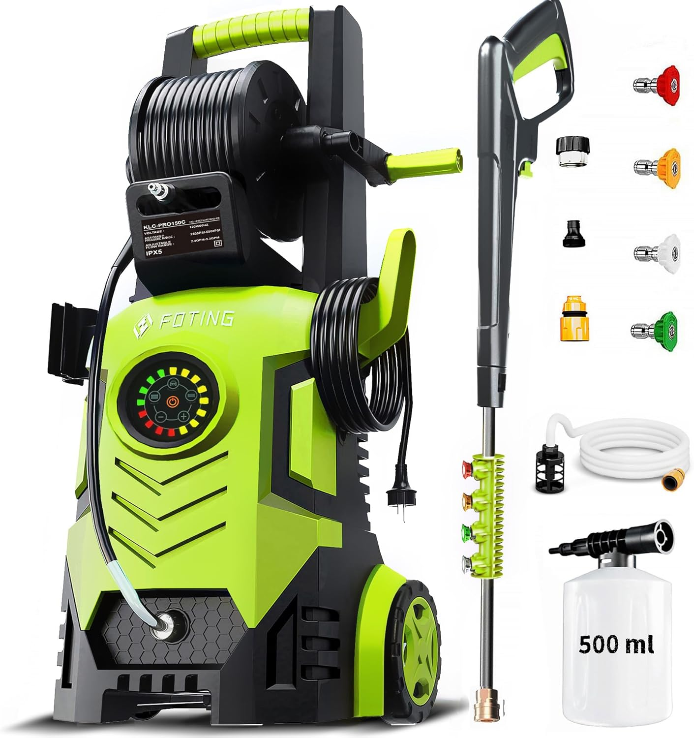 Electric Pressure Washer, Power Washer 5000PSI for Car Patio Wash, w/Total Stop System, Safety Lock, 4 Nozzles, Soap Bottle