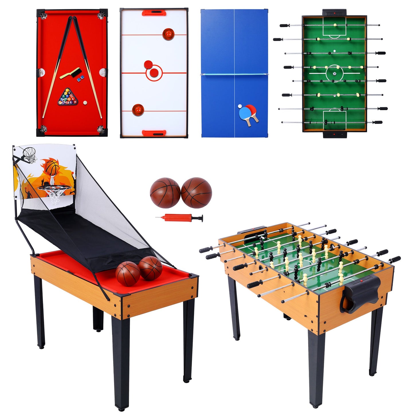 43'' 5-in-1 Multi Game Table for Adults Kids, SEGMART Upgraded Combination Game Table Set for Game Room, Home, Family, Pool Table with Basketball, Billiards, Ping Pong, Push Hockey, Foosball, Brown