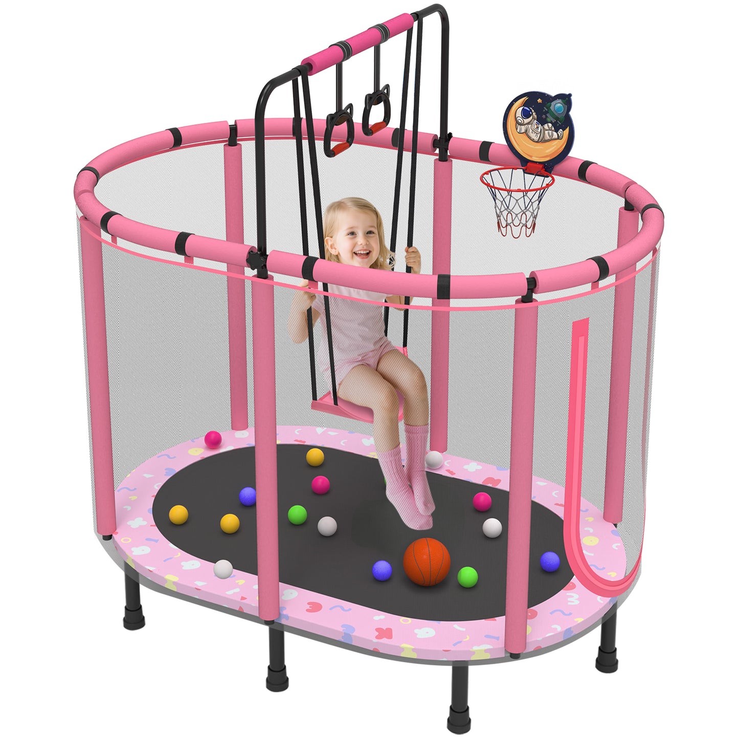60" Kids Trampoline with Swing, Horizontal Bar, SEGMART 4-in-1 Oval Toddler Trampoline with Enclosure Safety Net, Outdoor Indoor Backyard Recreational Trampoline for Kids, Toddlers, Baby