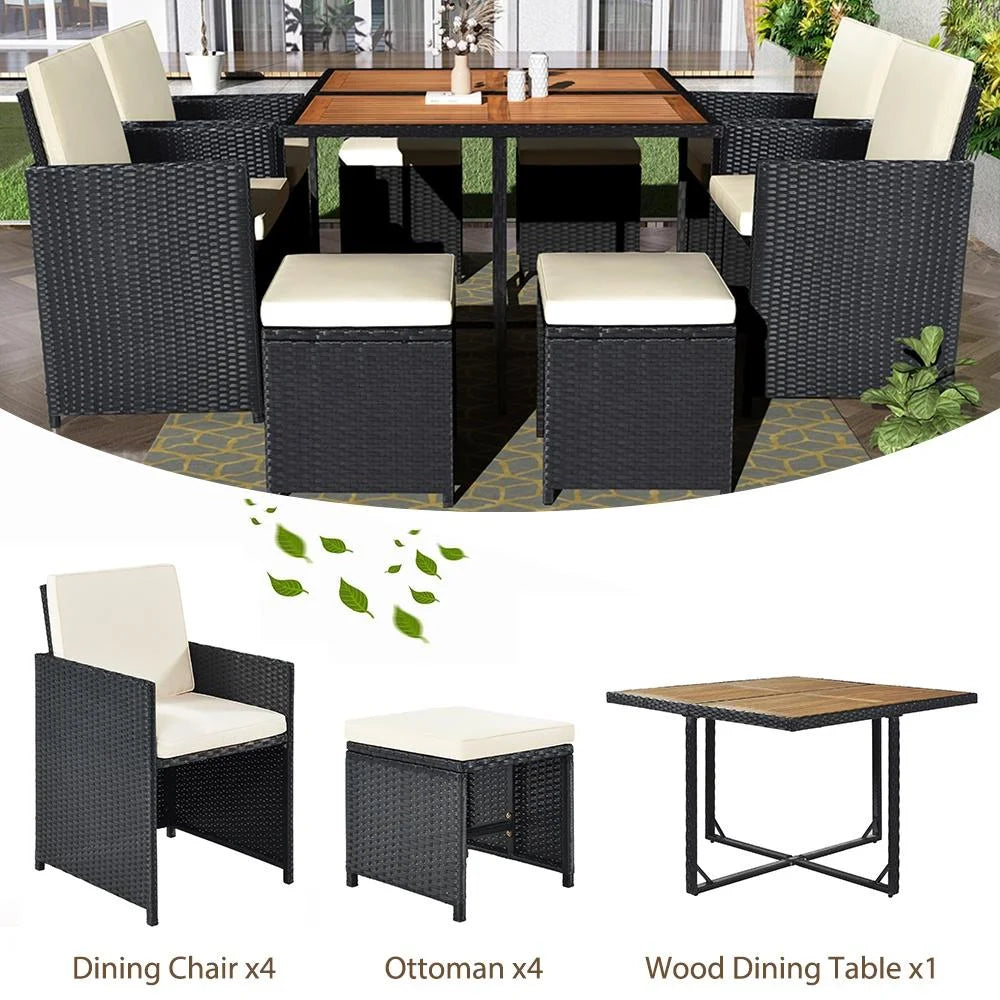 9 Piece Patio Dining Set, Outdoor Space Saving Rattan Chairs with Ottoman & Table, Outdoor Sectional Dining Table Set, PE Wicker Rattan Furniture Set for Patio Backyard Porch Garden Poolside