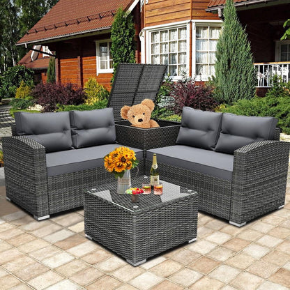 SEGMART Patio Rattan Sectional Couch Set, 4 Piece Outdoor Wicker Furniture Set, Elegant Cushioned Sofa Set, Conversation Chair Set with Storage Box & Table for Backyard, Lawn, Poolside