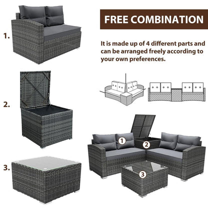 SEGMART Patio Rattan Sectional Couch Set, 4 Piece Outdoor Wicker Furniture Set, Elegant Cushioned Sofa Set, Conversation Chair Set with Storage Box & Table for Backyard, Lawn, Poolside