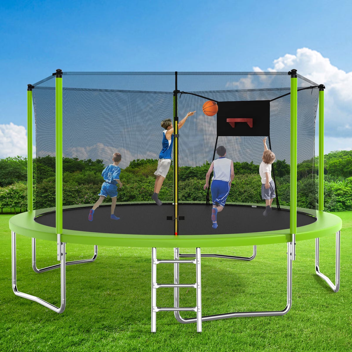 14FT Recreational Trampoline with Enclosure Net and Ladder, SEGMART Outdoor Trampoline with Basketball Hoop, Backyard Trampoline, Heavy Duty Round Trampoline for Kids and Adults