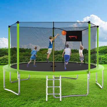 14FT Recreational Trampoline with Enclosure Net and Ladder, SEGMART Outdoor Trampoline with Basketball Hoop, Backyard Trampoline, Heavy Duty Round Trampoline for Kids and Adults