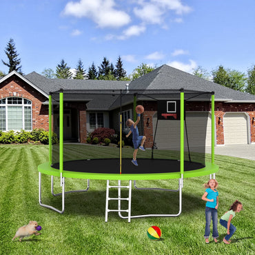 14FT Trampoline with Enclosure for Kids and Adults, SEGMART Upgraded Kids Recreational Outdoor Trampoline with Basketball Hoop, Ladder, Heavy Duty Round Backyard Trampoline for Indoor Outdoor