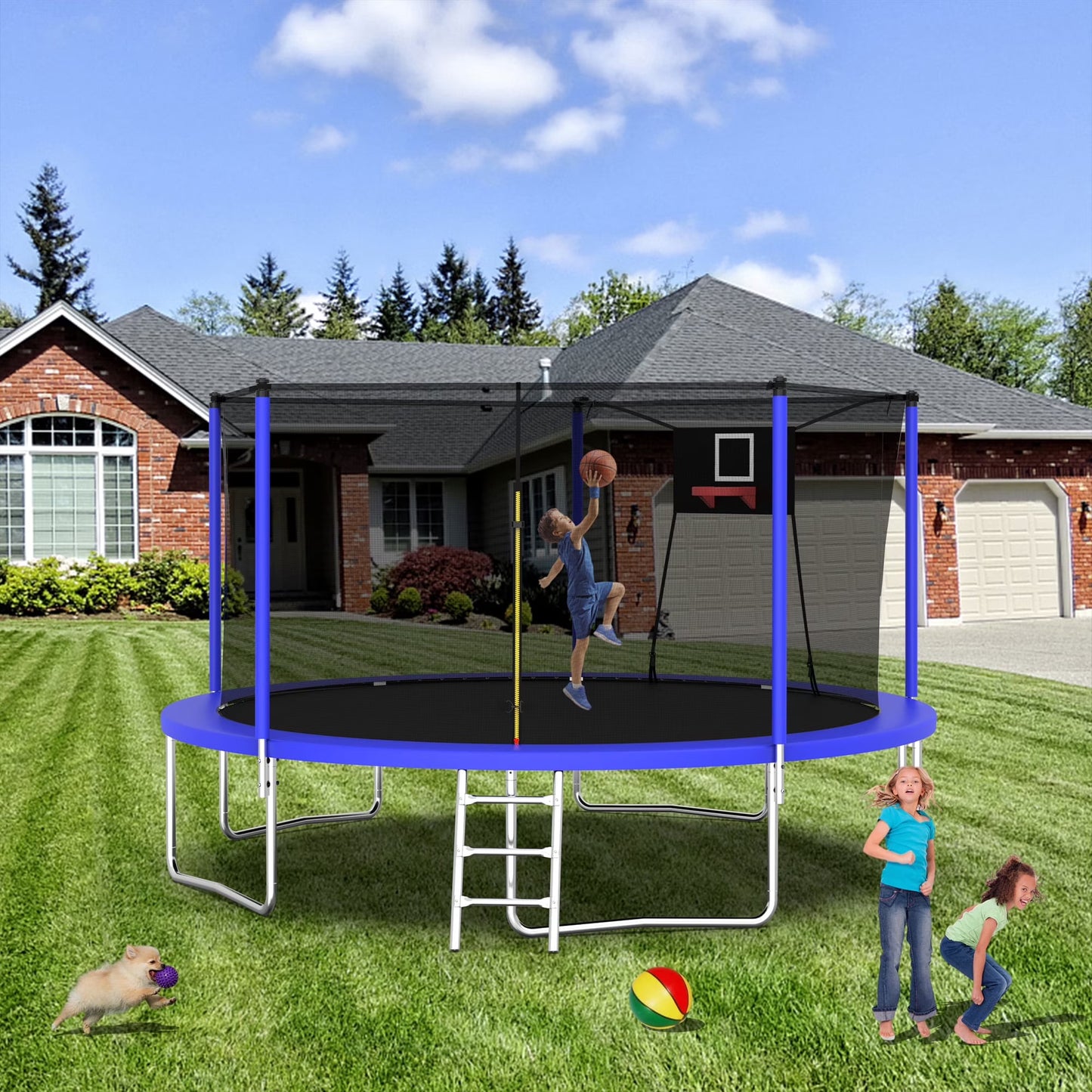 14FT Trampoline with Enclosure for Kids and Adults, SEGMART Upgraded Kids Recreational Outdoor Trampoline with Basketball Hoop, Ladder, Heavy Duty Round Backyard Trampoline for Indoor Outdoor