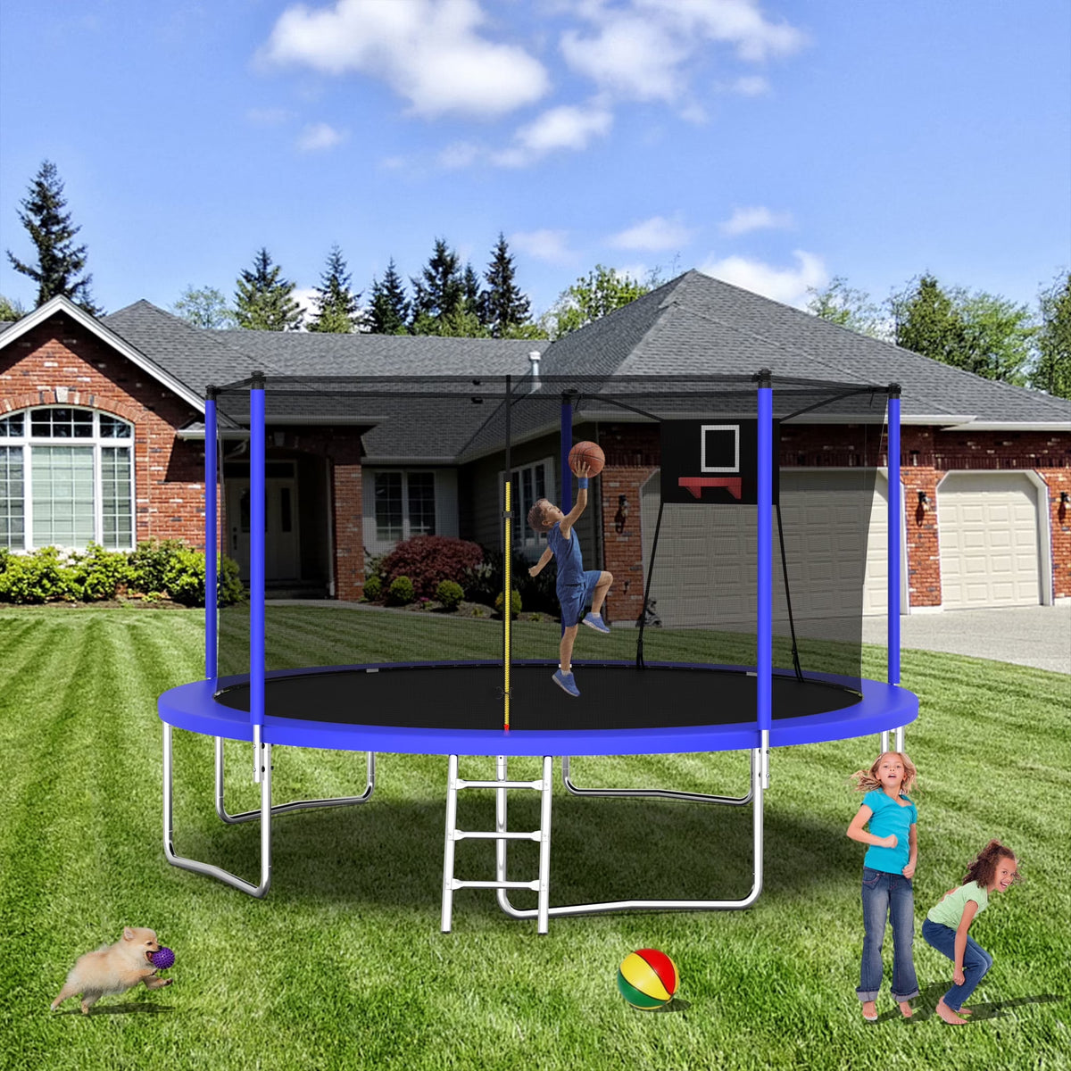14FT Trampoline with Enclosure for Kids and Adults, SEGMART Upgraded Kids Recreational Outdoor Trampoline with Basketball Hoop, Ladder, Heavy Duty Round Backyard Trampoline for Indoor Outdoor